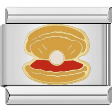 Gold shell design with a white pearl and red interior Italian charm bracelet link