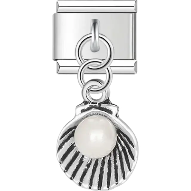 Dangling shell charm with a pearl center Italian charm bracelet link