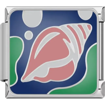 Pink conch shell surrounded by green seaweed and bubbles on a blue background Italian charm bracelet link