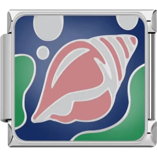 Pink conch shell surrounded by green seaweed and bubbles on a blue background Italian charm bracelet link