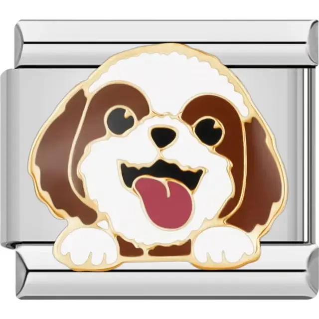 Brown and white Shih Tzu puppy design with tongue out and gold accents Italian charm bracelet link