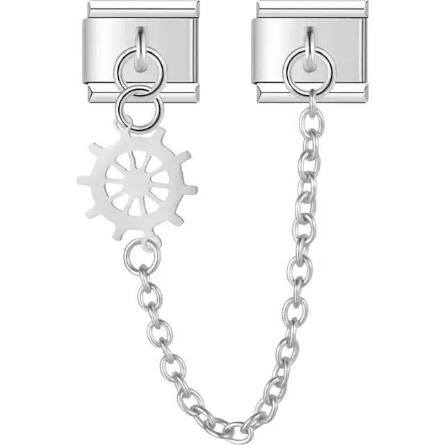 Ship wheel with connecting safety chain Italian charm bracelet link