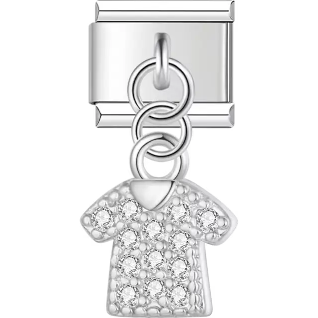 Dangling shirt with crystal accents Italian charm bracelet link