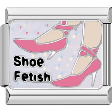 “Shoe Fetish” text with pink high heels illustration Italian charm bracelet link