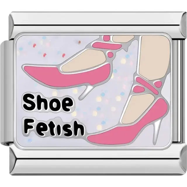 “Shoe Fetish” text with pink high heels illustration Italian charm bracelet link