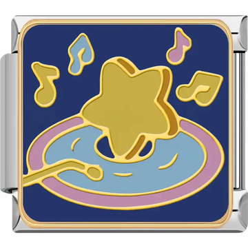 Yellow star on a turntable with pink and blue accents surrounded by music notes on dark blue background Italian charm bracelet link