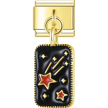 Black enamel rectangle with red stars gold shooting stars and decorative accents Italian charm bracelet link