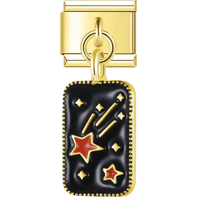 Black enamel rectangle with red stars gold shooting stars and decorative accents Italian charm bracelet link