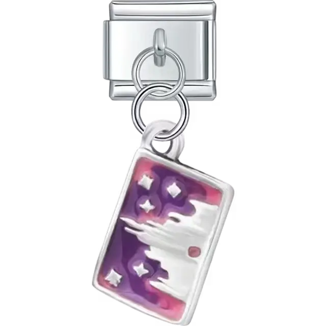 Purple shooting star design with silver and white accents Italian charm bracelet link