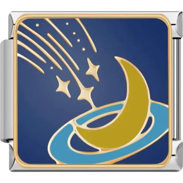 Gold crescent moon with blue ring and shooting stars Italian charm bracelet link
