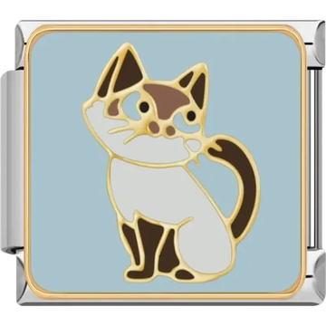 Siamese cat with brown and cream markings on a blue background Italian charm bracelet link