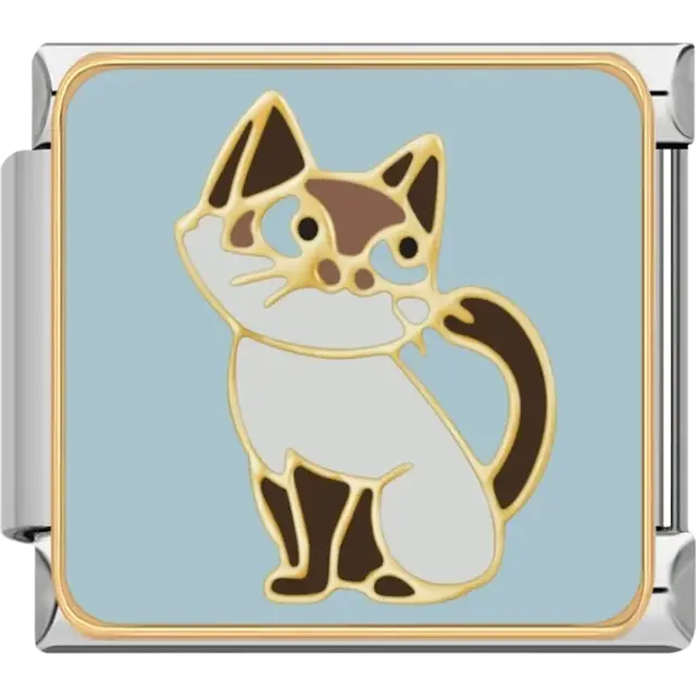 Siamese cat with brown and cream markings on a blue background Italian charm bracelet link