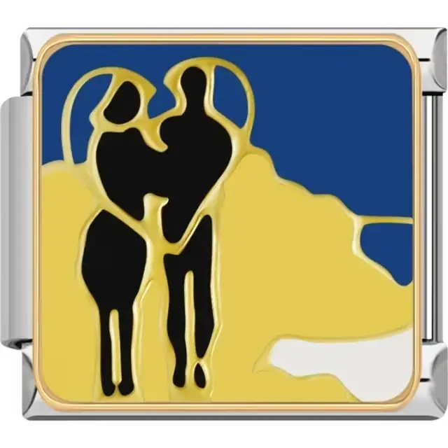 Black silhouette of a couple embracing with gold outlines and a blue background Italian charm bracelet link