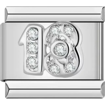 Silver design featuring the number "18" adorned with clear crystals Italian charm bracelet link