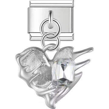 Textured abstract heart with faceted clear stone centerpiece and dangling piece Italian charm bracelet link