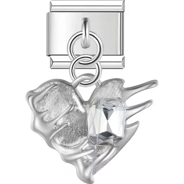 Textured abstract heart with faceted clear stone centerpiece and dangling piece Italian charm bracelet link