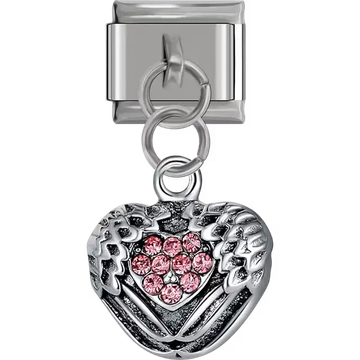 Silver heart with angel wings and pink crystal gemstone center Italian charm bracelet link
