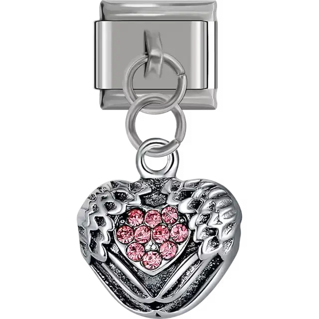 Silver heart with angel wings and pink crystal gemstone center Italian charm bracelet link