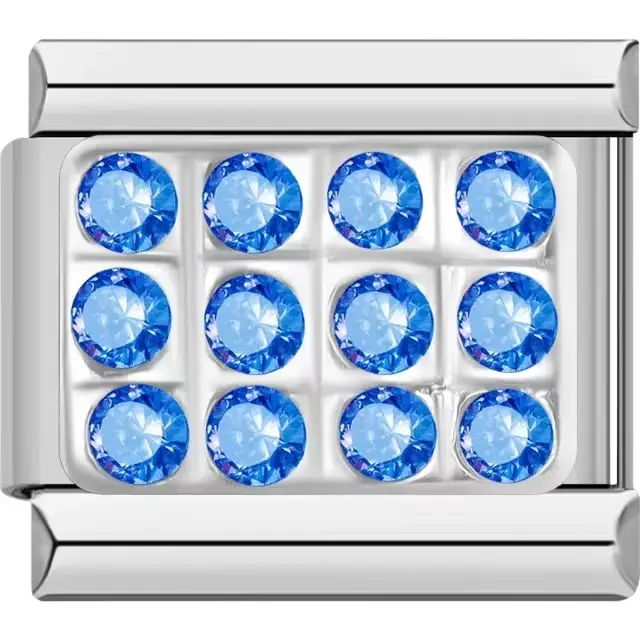 Silver rectangle featuring twelve vibrant blue crystals Italian charm bracelet link