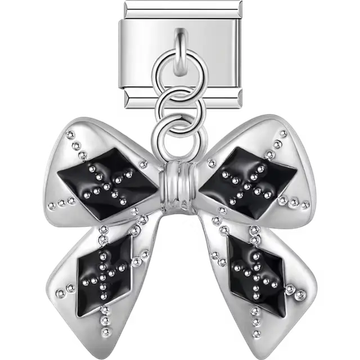 Silver bow with black diamond pattern and crystal accents dangle Italian charm bracelet link