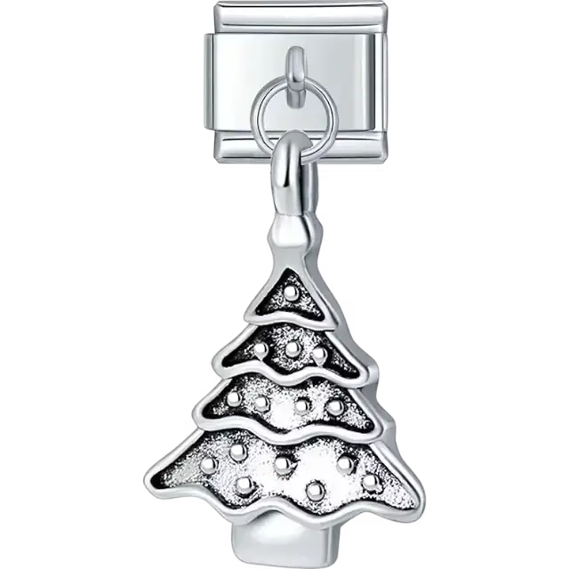 Silver Christmas tree design with textured details and layered branches Italian charm bracelet link