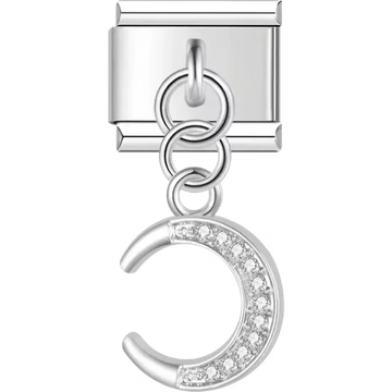 Silver crescent moon pendant with clear crystals Italian charm bracelet link