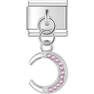 Silver crescent moon pendant with pink crystals Italian charm bracelet link