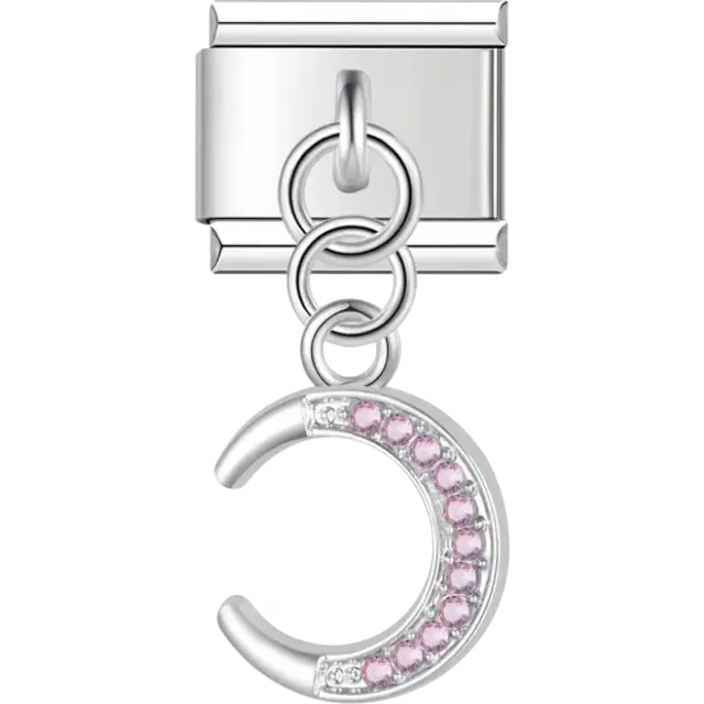 Silver crescent moon pendant with pink crystals Italian charm bracelet link