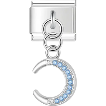 Silver crescent moon pendant adorned with blue crystals Italian charm bracelet link