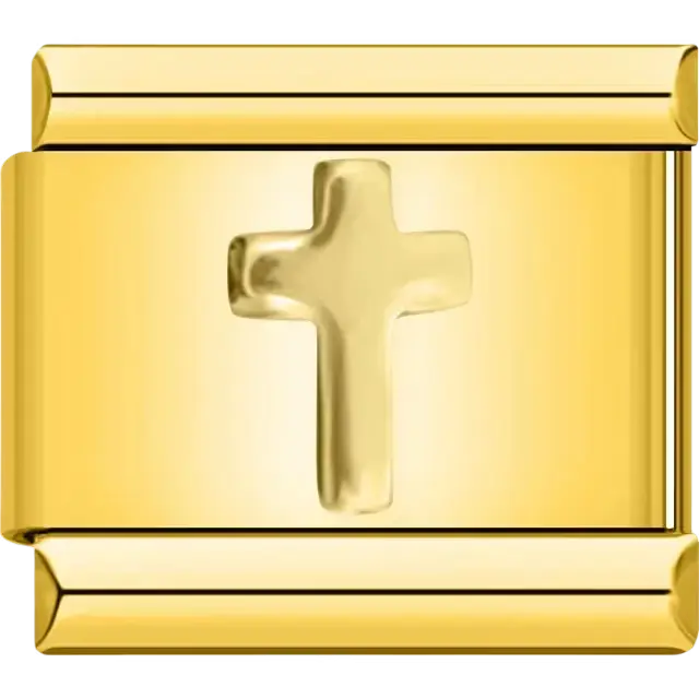 Silver cross on polished metal Italian charm bracelet link