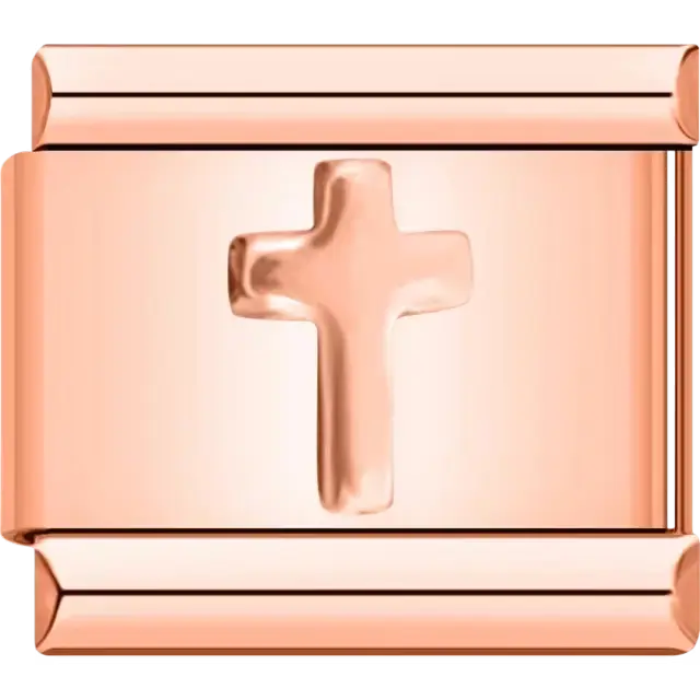 Silver cross on polished metal Italian charm bracelet link