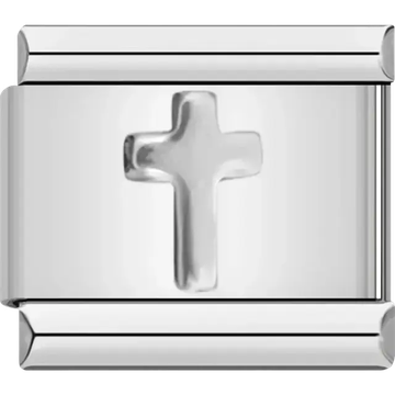 Silver cross on polished metal Italian charm bracelet link