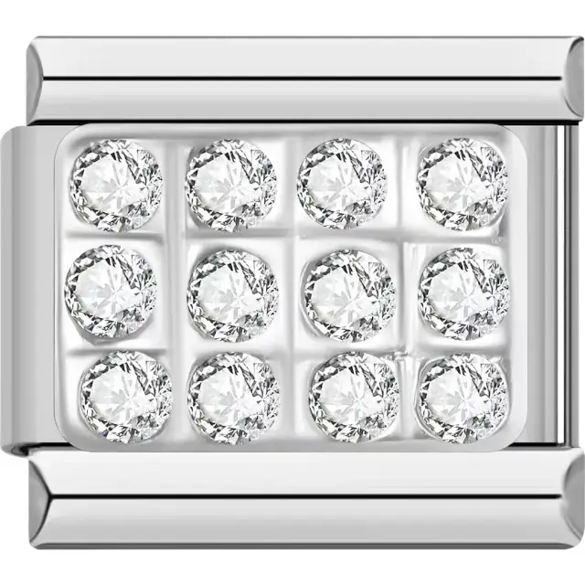 Silver rectangle featuring twelve clear crystals Italian charm bracelet link