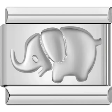 Silver elephant with raised details and sparkling silver accent Italian charm bracelet link