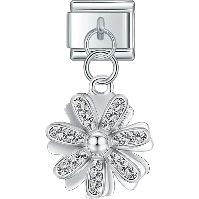 Silver flower with crystal petals in a dangle design Italian charm bracelet link