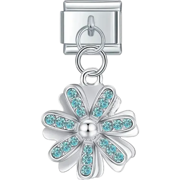 Silver flower charm with blue crystal petals in a dangle design Italian charm bracelet link