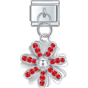 Silver flower charm with red crystal petals in a dangle design Italian charm bracelet link