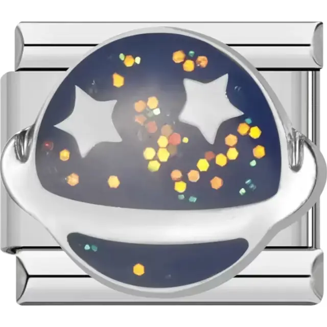 Silver charm featuring a galaxy design with two white stars and colorful accents Italian charm bracelet link