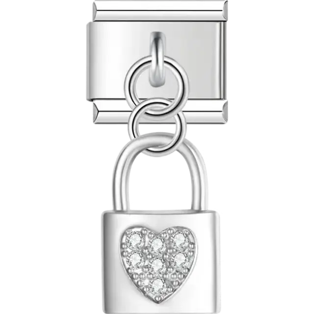 Silver heart lock pendant Italian charm bracelet link