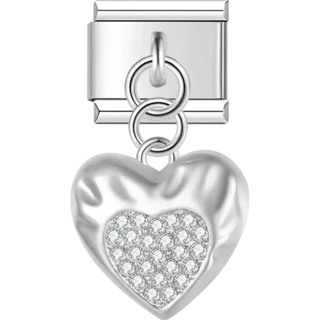 Silver heart pendant with clear crystal accents Italian charm bracelet link