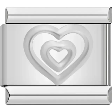 Layered silver hearts on polished metal Italian charm bracelet link