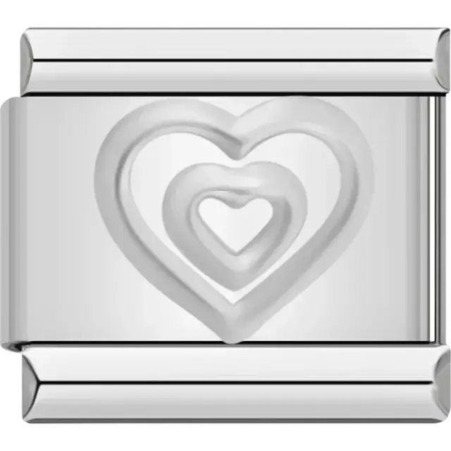 Layered silver hearts on polished metal Italian charm bracelet link
