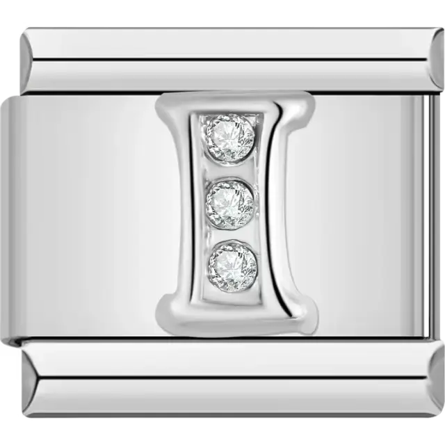 Silver letter "I" with crystals Italian charm bracelet link