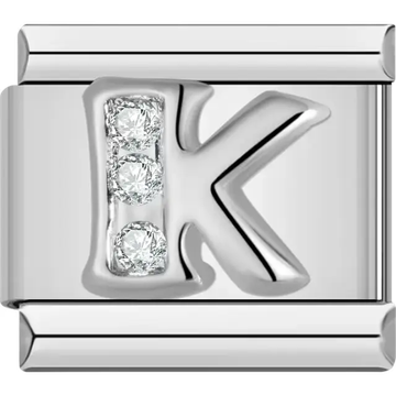 Silver letter "K" with crystals Italian charm bracelet link
