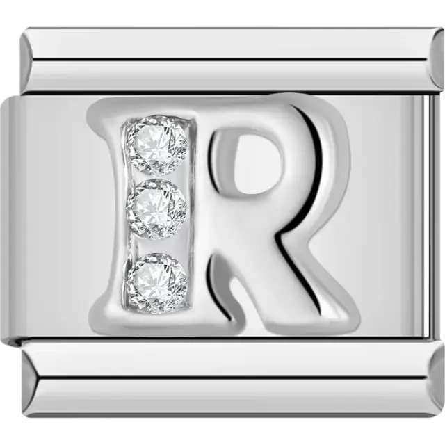 Silver letter "R" with crystals Italian charm bracelet link
