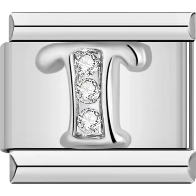 Silver letter "T" with crystals Italian charm bracelet link