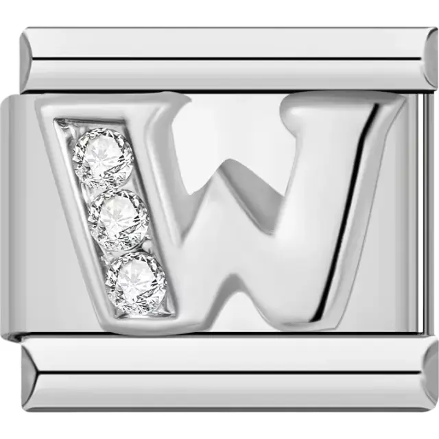 Silver letter "W" with crystals Italian charm bracelet link