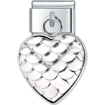 Heart-shaped silver dangle with a shiny mermaid scale pattern Italian charm bracelet link
