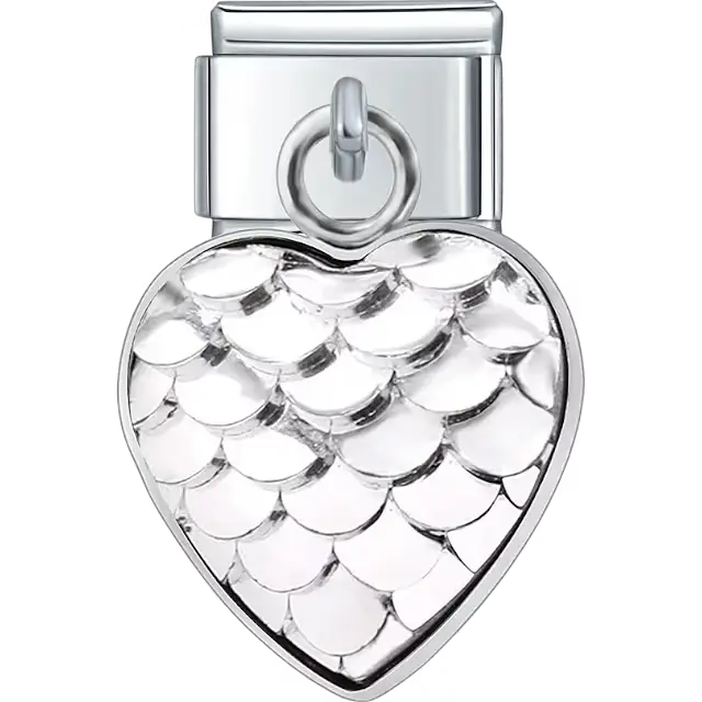 Heart-shaped silver dangle with a shiny mermaid scale pattern Italian charm bracelet link