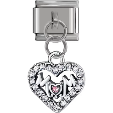 Silver heart with "Mom" word design surrounded by clear crystals and pink heart gemstone Italian charm bracelet link